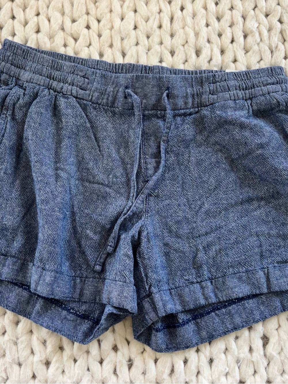 Women's Blue Linen Blend Drawstring Casual Shorts